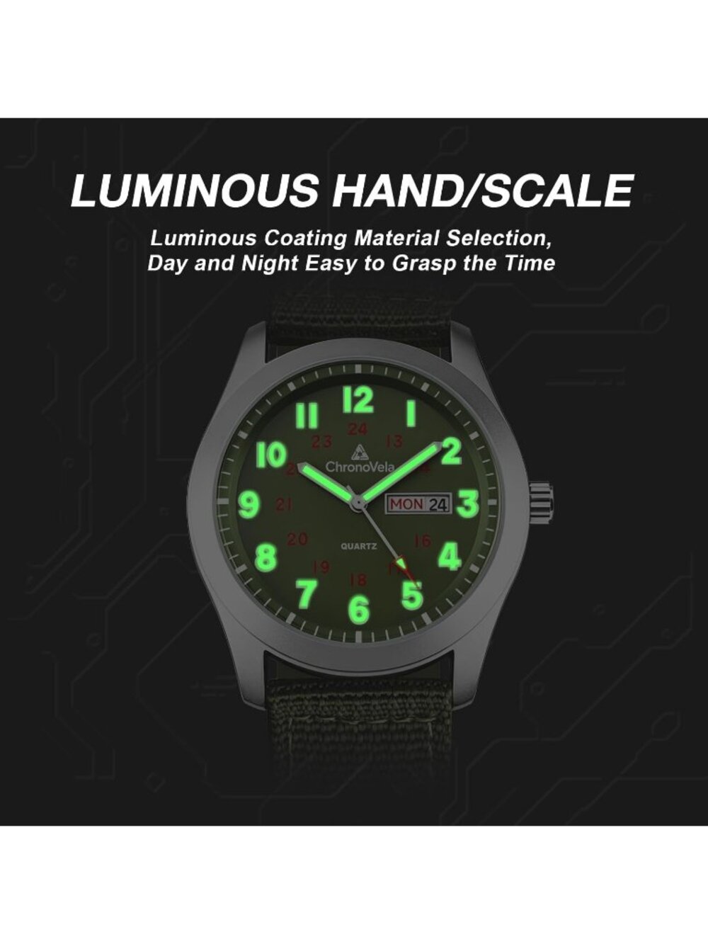 Men's Green Military Dial Durable Nylon Strap Date Display Casual Wrist Watches - Picture 5 of 6